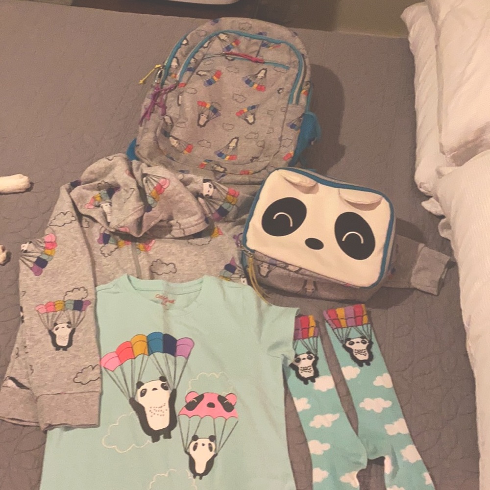 Backpack, lunchbox, tee shirt, hoodie and socks.